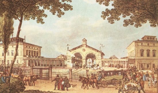 Leipziger Bahnhof Vorplatz - Kolorierter Stich von 1839