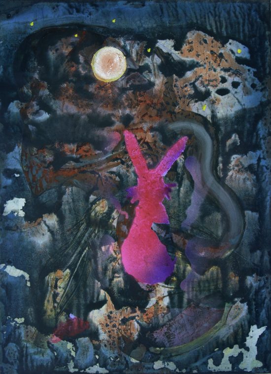 „Romance of a Rabbit Soul“, Öl und Acryl auf Papier, 53 x 41 cm, 2017