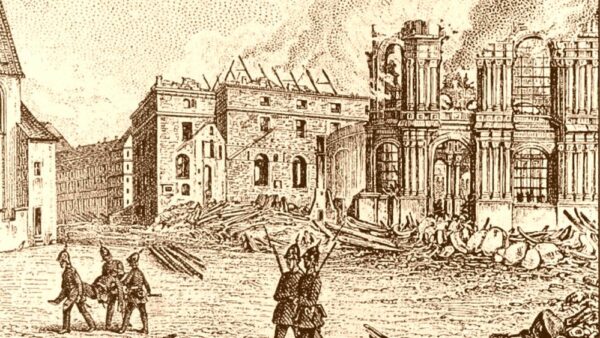 Der Brand des alten Opernhauses und eines Zwingerpavillons zur Revolution 1849, Zeitgenössischer Stich veröffentlicht in "Dresdner Kunst und Leben 1899".