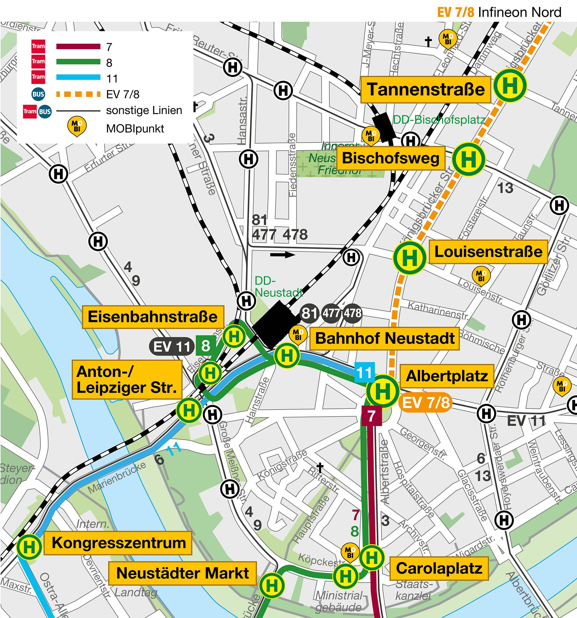 So fahren die Straßenbahnen und der Ersatzverkehr ab Dienstag. Skizze: DVB