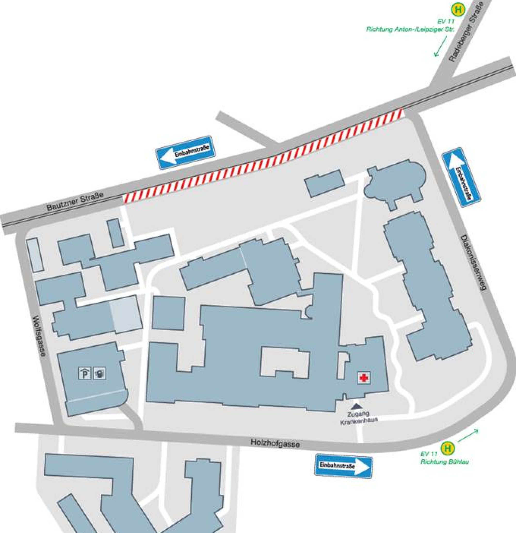 Der neue Haupteingang des Diakonissenkrankenhauses befindet sich rund 75 Meter weiter östlich. Skizze: Diako