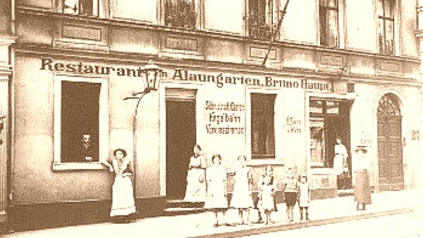 Restaurant "Alaungarten" in der Alaunstraße - zeitgenössische Postkarte, Ausschnitt