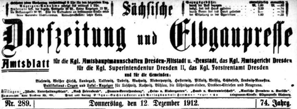 Sächsische Dorfzeitung und Elbgaupresse vom 12. Dezember 1912